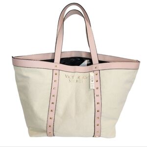 VICTORIA'S SECRET NWT CANVAS TOTE  pink trim and handles with gold tone …